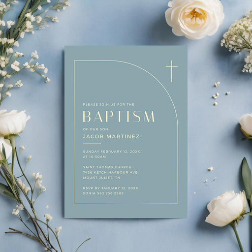 Baptism invitation template with gold cross and soft blue background, elegant religious christening invite with minimalist design.