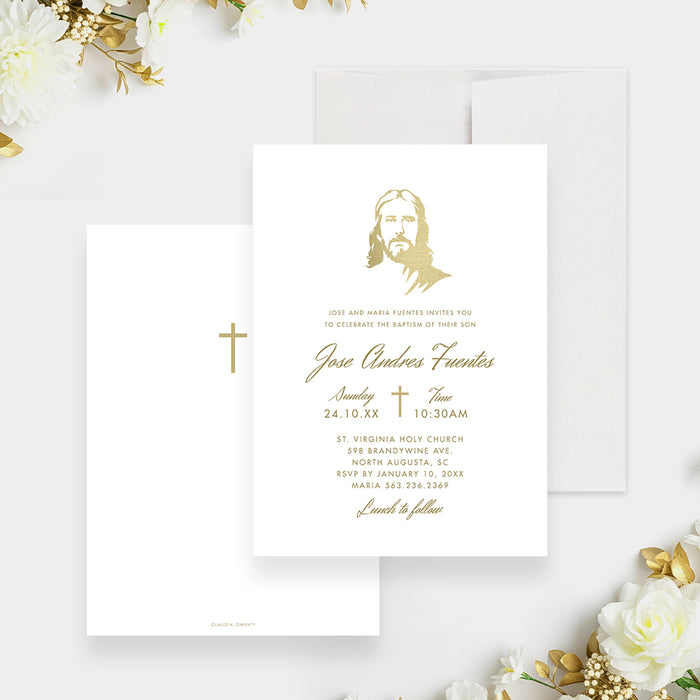 baptism invitation with Jesus Christ illustration, cross symbol, refined lettering, custom child’s name, and elegant religious celebration details-front-back