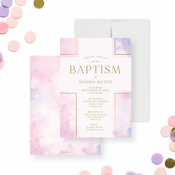 Pink watercolor baptism invitation with elegant gold typography and soft purple accents, perfect for a christening celebration.-front-back