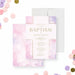 Pink watercolor baptism invitation with elegant gold typography and soft purple accents, perfect for a christening celebration.-front-back