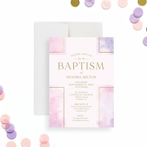 Pink watercolor baptism invitation with elegant gold typography and soft purple accents, perfect for a christening celebration.-front