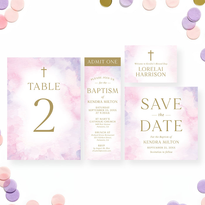 Pink Watercolor Baptism Invitation Christening Celebration