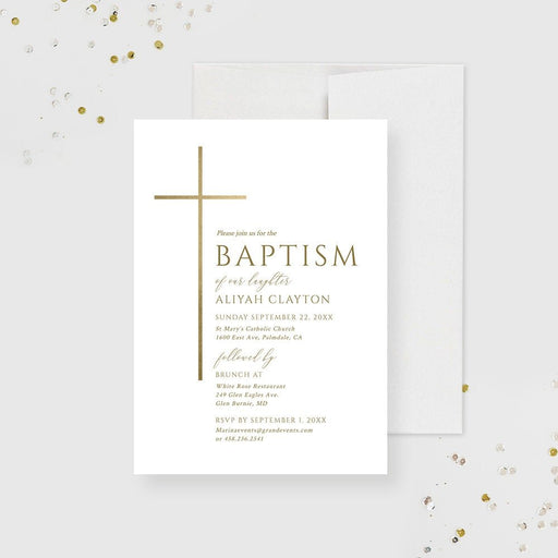 Elegant baptism invitation template with gold cross design for Catholic christening or religious celebration digital file