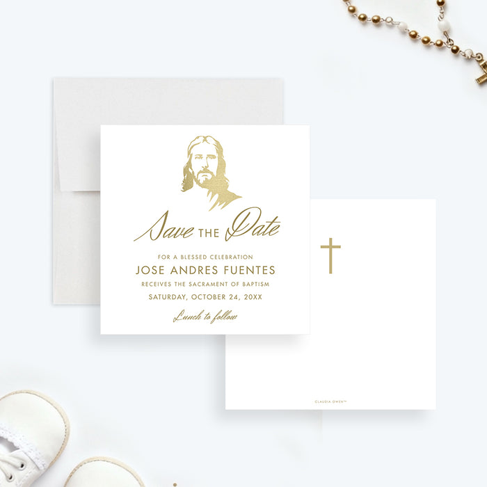 baptism save the date card with Jesus Christ illustration, cross symbol, refined lettering, custom child’s name, and religious celebration details-front-back