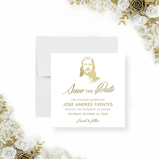 baptism save the date card with Jesus Christ illustration, cross symbol, refined lettering, custom child’s name, and religious celebration details-front