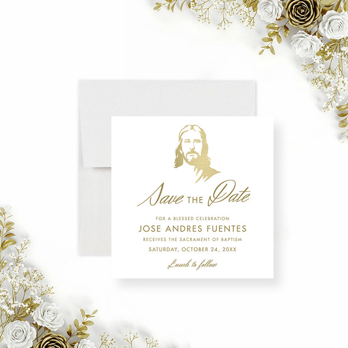baptism save the date card with Jesus Christ illustration, cross symbol, refined lettering, custom child’s name, and religious celebration details-front