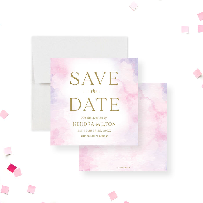 Pink watercolor baptism save the date card for a christening celebration.-front-back