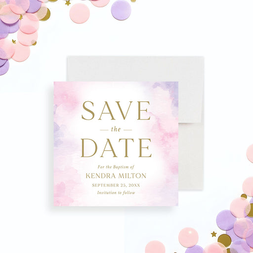 Pink watercolor baptism save the date card for a christening celebration.-front