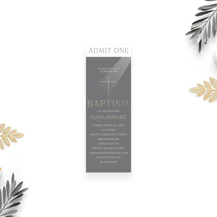 elegant gray baptism ticket invitation with cross symbol, admit one panel, refined lettering, and personalized christening details