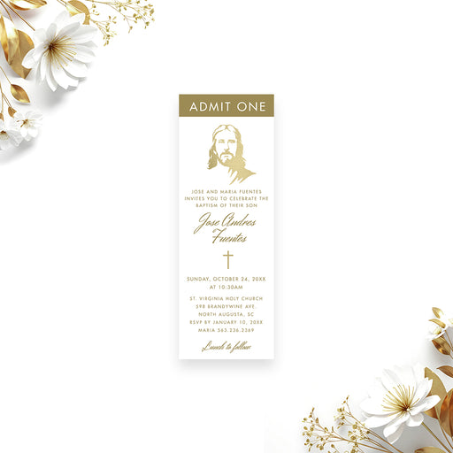 Personalized baptism ticket invitation featuring a Jesus Christ illustration, elegant typography, and custom event details for a meaningful religious celebration.