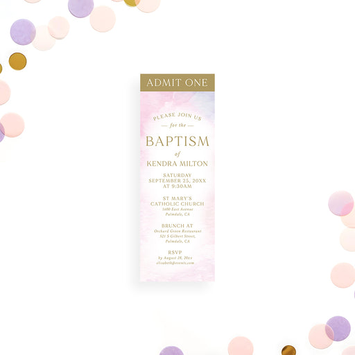 Baptism ticket invitation for a christening celebration in admit one ticket style.