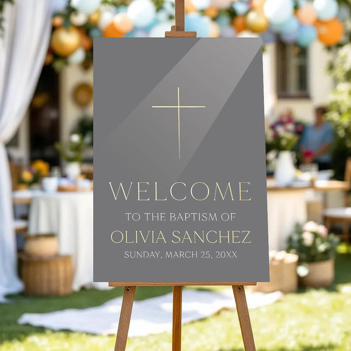 baptism welcome sign with cross detail, custom name, elegant neutral design, and christening celebration wording displayed on an easel