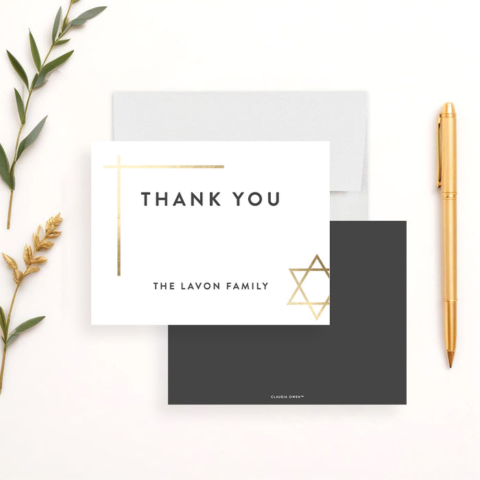 Bar or Bat Mitzvah thank you card with Star of David and printed gold details-front-back