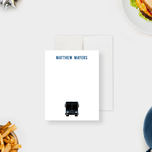 Modern personalized note card featuring a sleek bus illustration with custom name on a clean white background-front