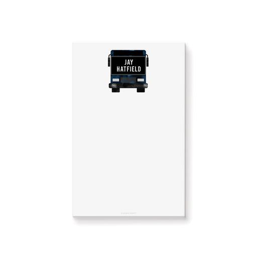 Personalized notepad with party bus illustration and custom name text clean and modern layout perfect for stylish party stationery.