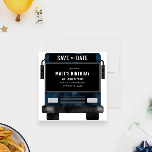 Party bus themed save the date card featuring a bold bus illustration for men’s bar crawls birthday parties-front