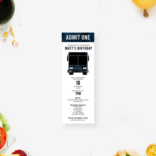 Admit one ticket style birthday invitation with bus illustration with a clean, modern layout
