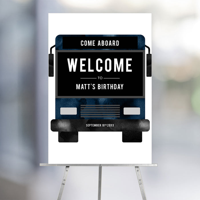 Bus-themed birthday welcome sign with “Come Aboard” text, designed as a modern party poster on an easel