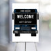 Bus-themed birthday welcome sign with “Come Aboard” text, designed as a modern party poster on an easel