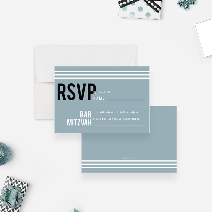 Modern Bar Mitzvah Invitation Card in Pastel Blue with Initials, Personalized Invites for Mitzvah Celebration