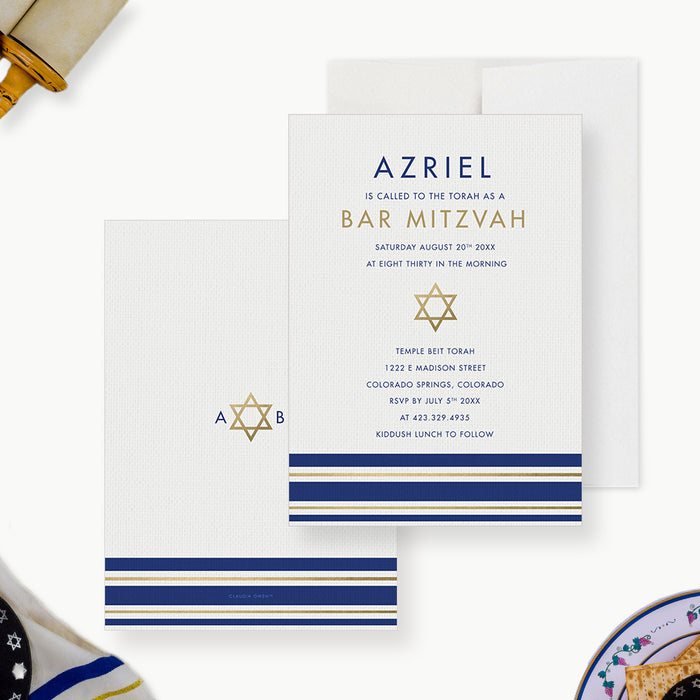 Elegant Bar Mitzvah Invitation Card with Tallit Prayer Shawl Design, Star of David Invitations for Jewish Celebration