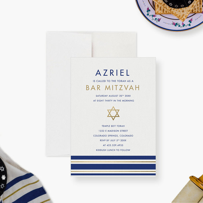 Elegant Bar Mitzvah Invitation Card with Tallit Prayer Shawl Design, Star of David Invitations for Jewish Celebration