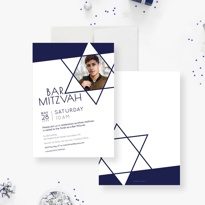 Bar Mitzvah Invitation Card with Picture, Photo Invitations for Jewish Celebration, Modern Invites for B'nai Mitzvah