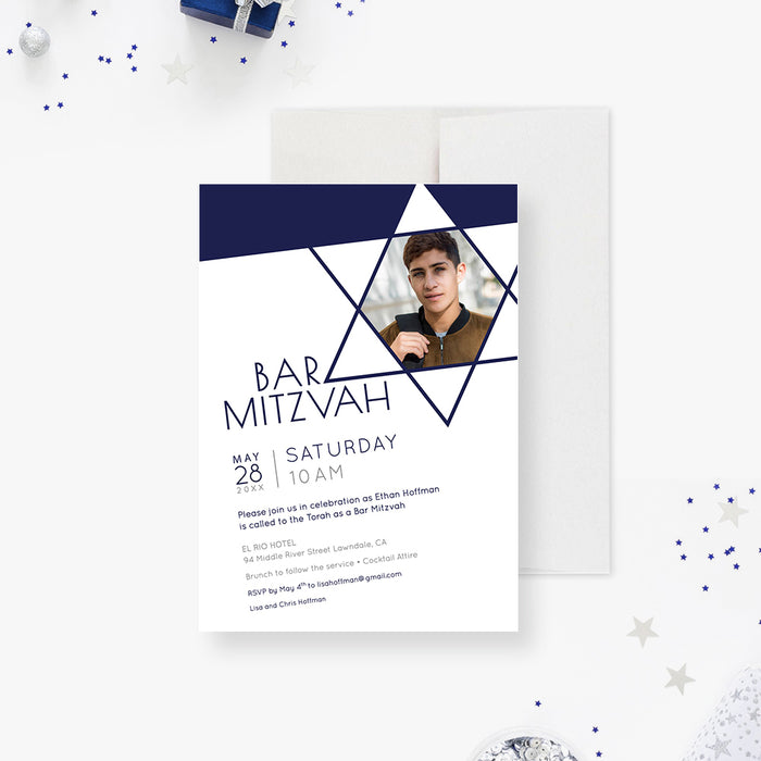 Bar Mitzvah Invitation Card with Picture, Photo Invitations for Jewish Celebration, Modern Invites for B'nai Mitzvah