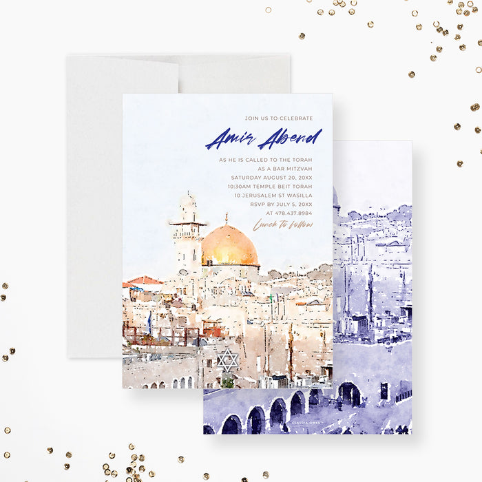 Bar Mitzvah Invitation Card with Watercolor Dome of the Rock Illustration, Personalized Jewish Birthday Invitations, B'nai Mitzvah Invites