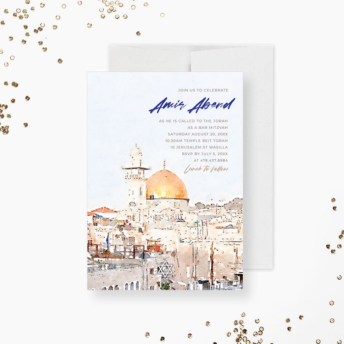 Bar Mitzvah Invitation Card with Watercolor Dome of the Rock Illustration, Personalized Jewish Birthday Invitations, B'nai Mitzvah Invites