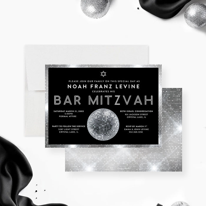 modern bar mitzvah invitation with mirror disco ball design for Jewish celebration-front-back