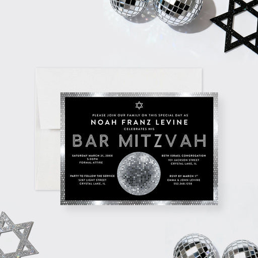 modern bar mitzvah invitation with mirror disco ball design for Jewish celebration-front