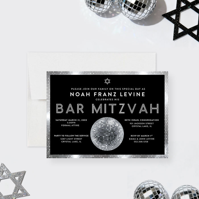 modern bar mitzvah invitation with mirror disco ball design for Jewish celebration-front