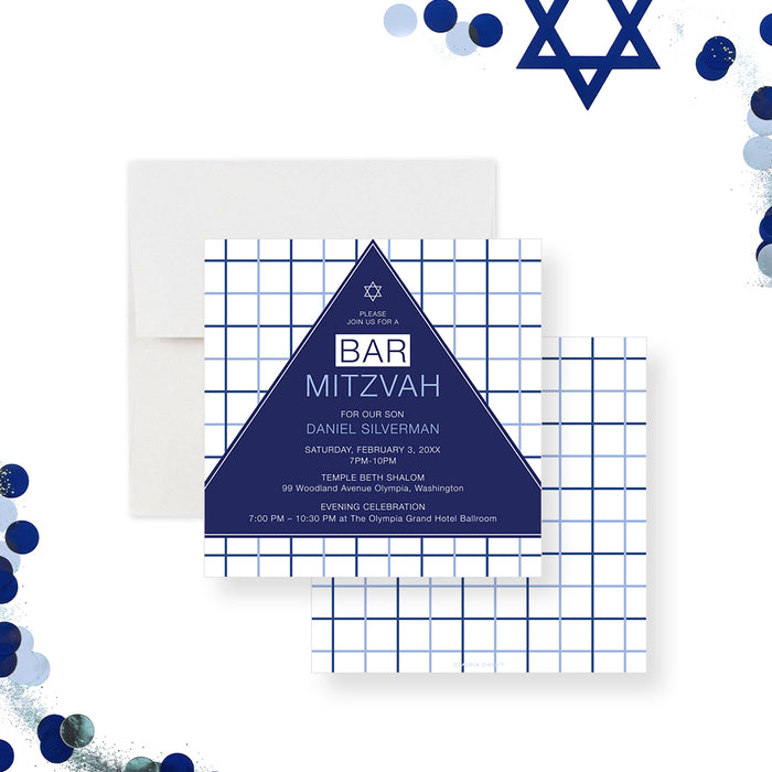 modern navy blue Bar Mitzvah invitation with geometric triangle design and white grid background-front-back