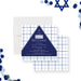 modern navy blue Bar Mitzvah invitation with geometric triangle design and white grid background-front-back