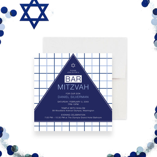 modern navy blue Bar Mitzvah invitation with geometric triangle design and white grid background-front