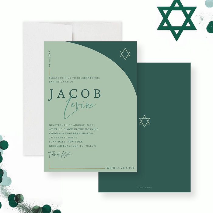 Modern green Bar Mitzvah invitation with Star of David, minimalist Jewish design, personalized printed celebration invite-front-back