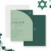 Modern green Bar Mitzvah invitation with Star of David, minimalist Jewish design, personalized printed celebration invite-front-back