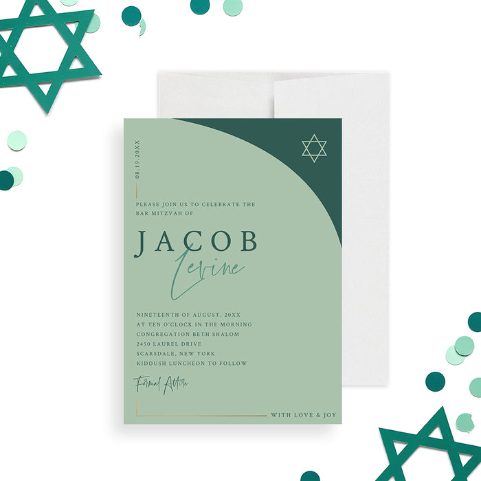 Modern green Bar Mitzvah invitation with Star of David, minimalist Jewish design, personalized printed celebration invite-front