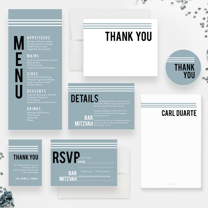 Modern Bar Mitzvah Invitation Card in Pastel Blue with Initials, Personalized Invites for Mitzvah Celebration