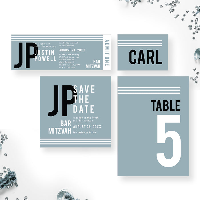 Modern Bar Mitzvah Invitation Card in Pastel Blue with Initials, Personalized Invites for Mitzvah Celebration