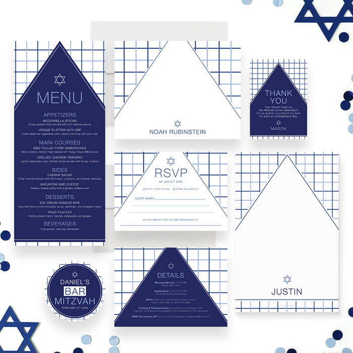 Modern Navy Bar Mitzvah Invitation Geometric Design