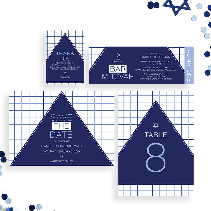 Modern Navy Bar Mitzvah Invitation Geometric Design