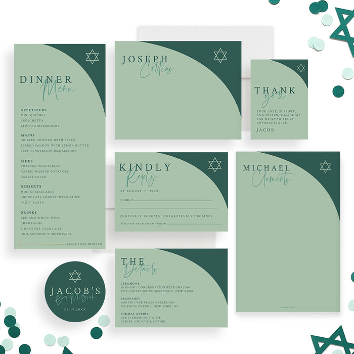 Bar Mitzvah Invitation Modern Green Jewish Invite