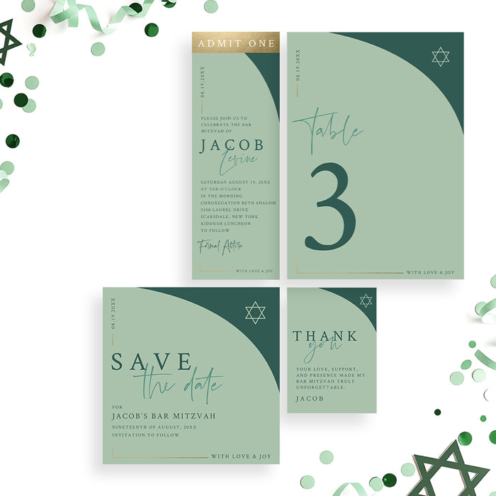 Bar Mitzvah Invitation Modern Green Jewish Invite