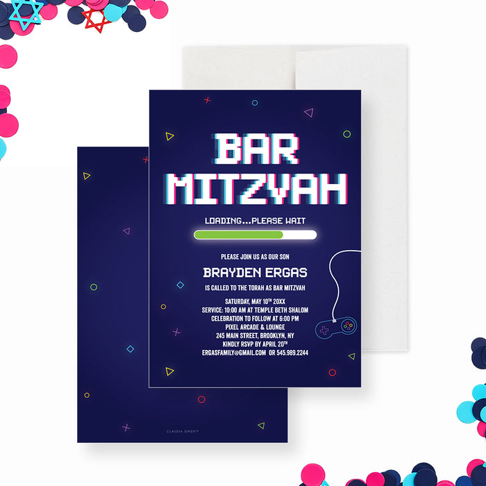 Gamer bar mitzvah invitation with video game controller, loading bar design, neon colors, and bold pixel-style lettering-front-back
