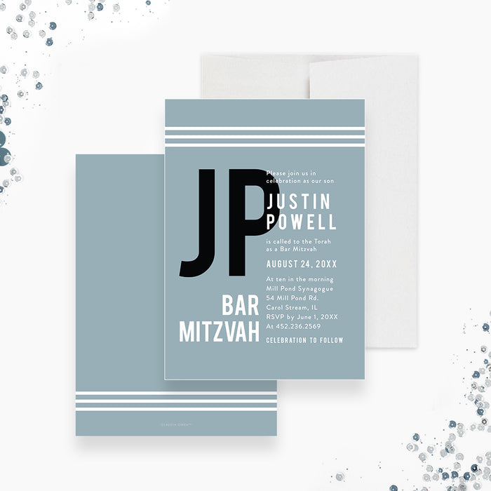 Modern Bar Mitzvah Invitation Card in Pastel Blue with Initials, Personalized Invites for Mitzvah Celebration