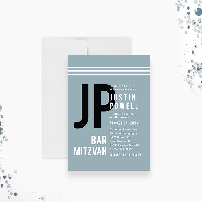 Modern Bar Mitzvah Invitation Card in Pastel Blue with Initials, Personalized Invites for Mitzvah Celebration