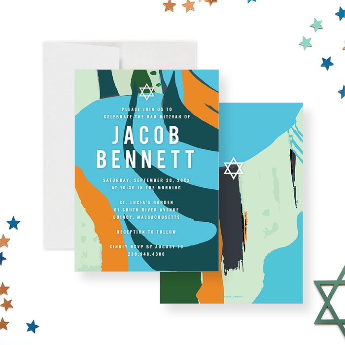 Colorful Bar Mitzvah invitation featuring Star of David with modern abstract design in teal, orange, navy, and green, personalized with event details.-front-back