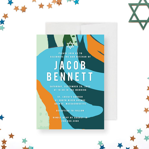Colorful Bar Mitzvah invitation featuring Star of David with modern abstract design in teal, orange, navy, and green, personalized with event details.-front